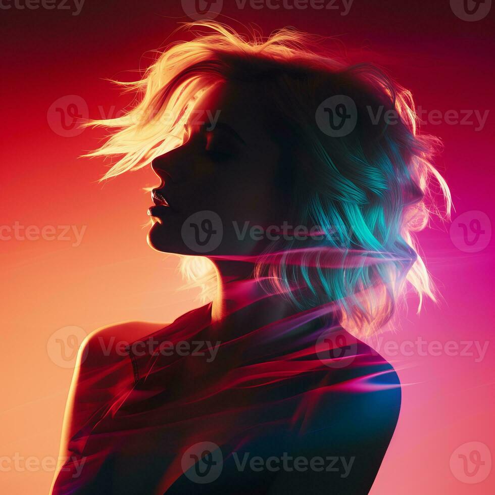 a woman with neon hair in front of a red and blue background generative ai photo