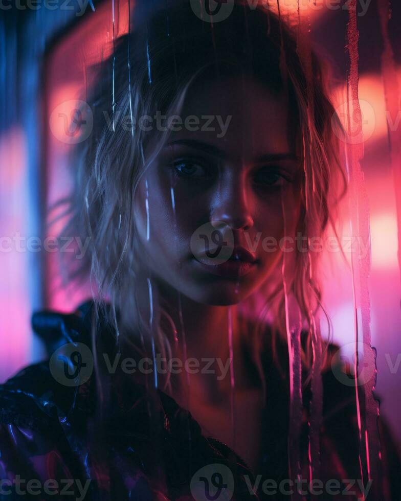a woman with neon lights in front of her generative ai photo