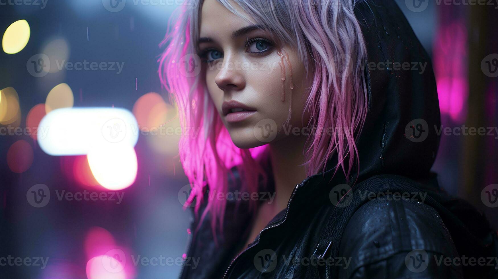 a woman with pink hair in the rain generative ai photo
