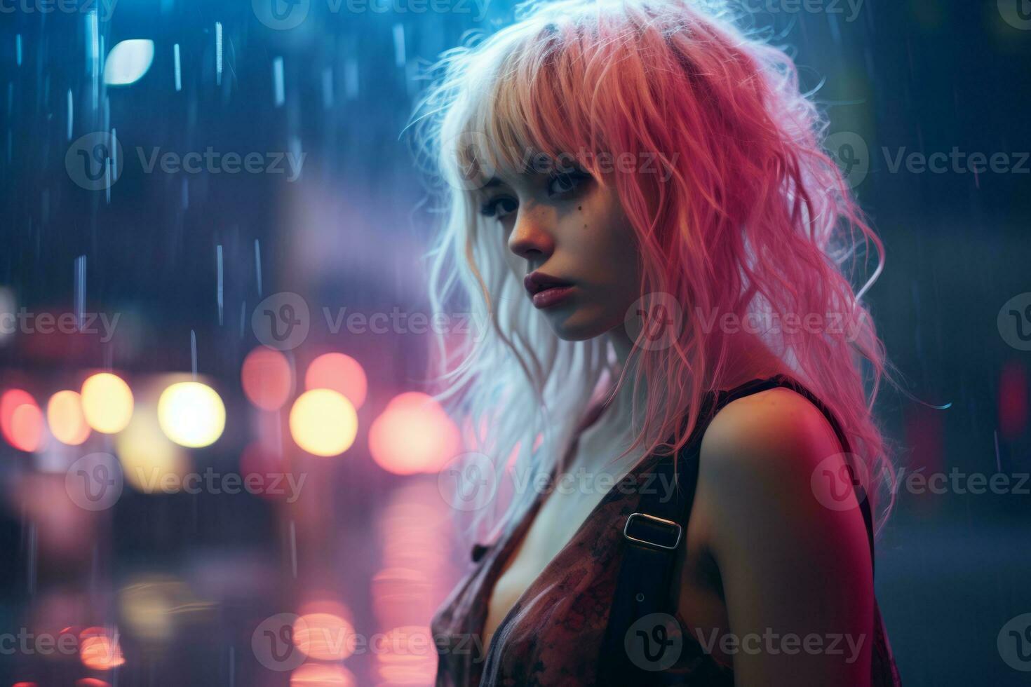 a woman with pink hair standing in the rain generative ai photo