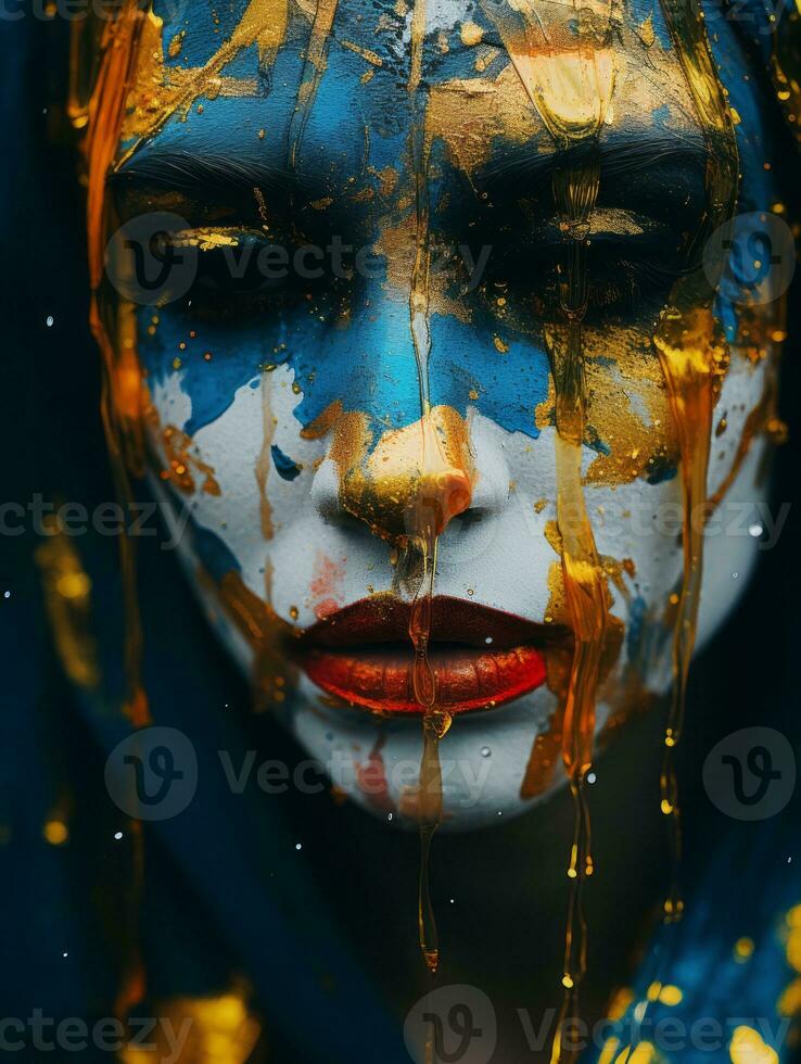 a woman with paint on her face and blue and gold paint on her face generative ai photo