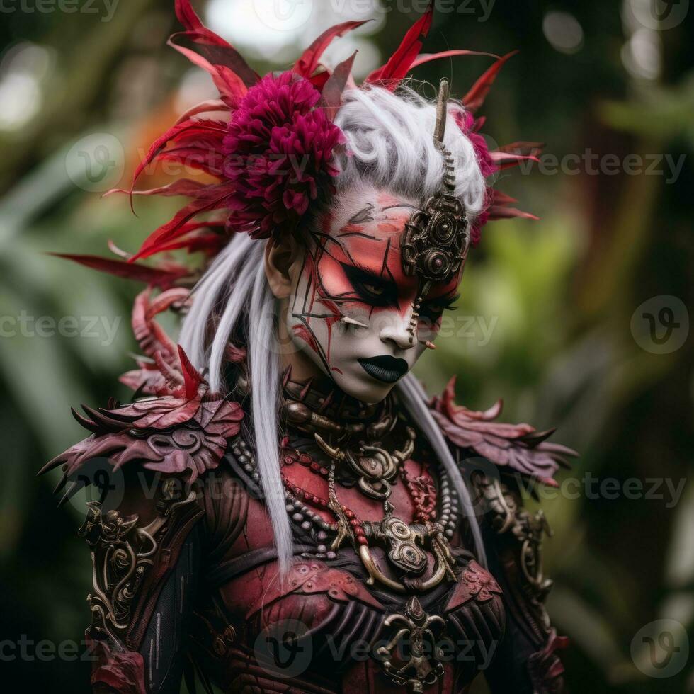 a woman with red and white makeup and feathers on her head generative ai photo