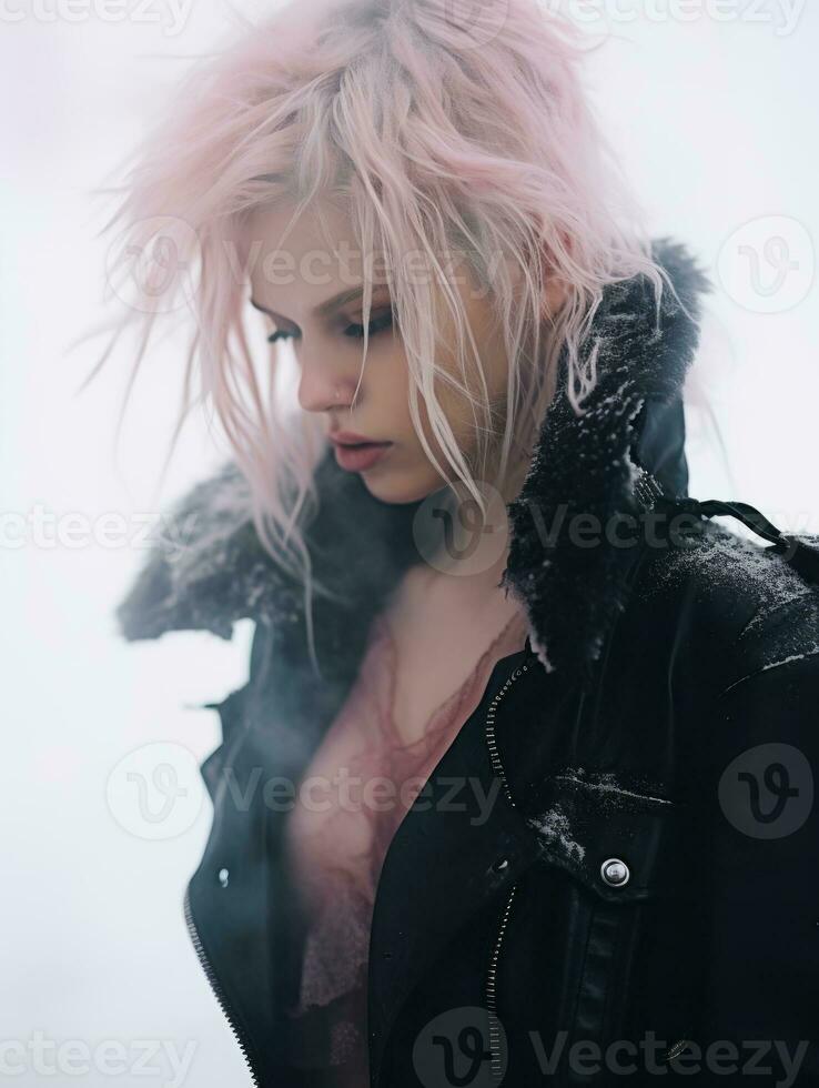 a woman with pink hair standing in the snow generative ai photo