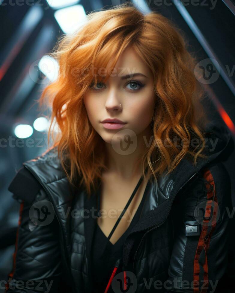 a woman with red hair in a black jacket generative ai photo