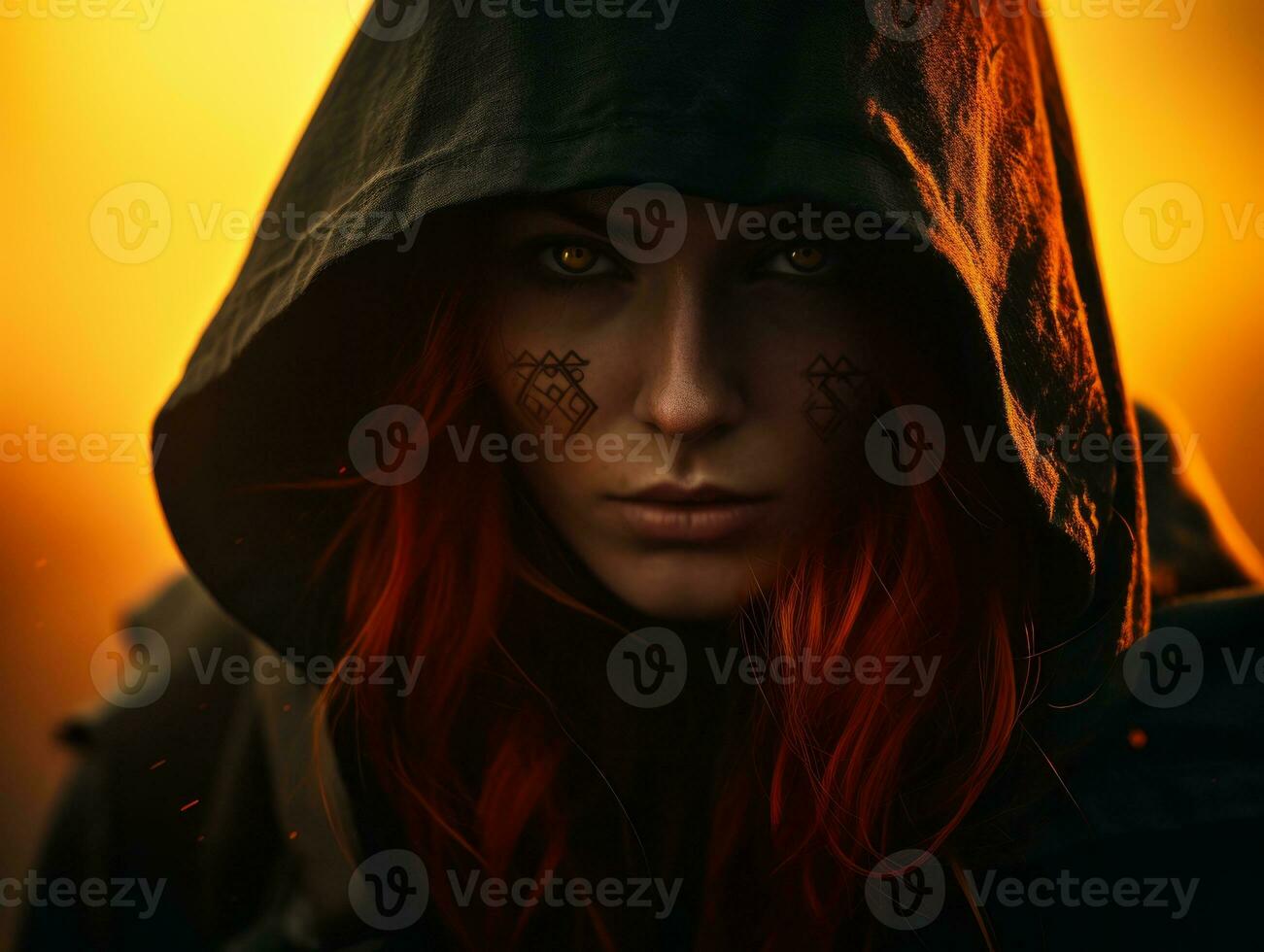 a woman with red hair in a hooded jacket generative ai photo