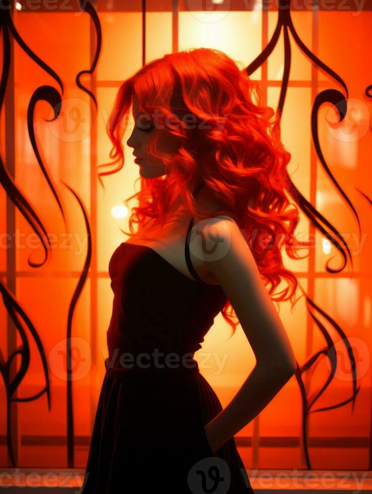 a woman with red hair standing in front of a window generative ai photo