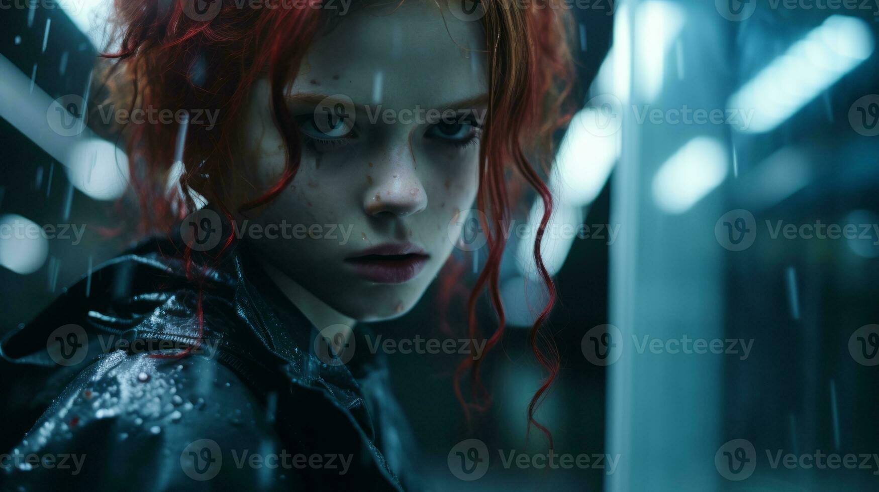 a woman with red hair standing in the rain generative ai photo