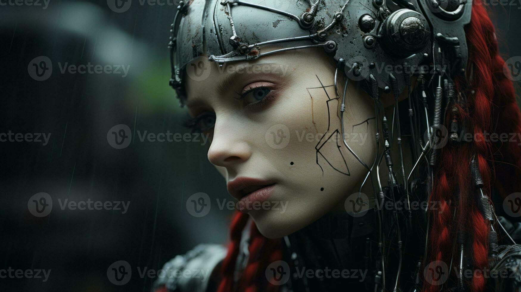 a woman with red hair wearing a helmet in the rain generative ai photo
