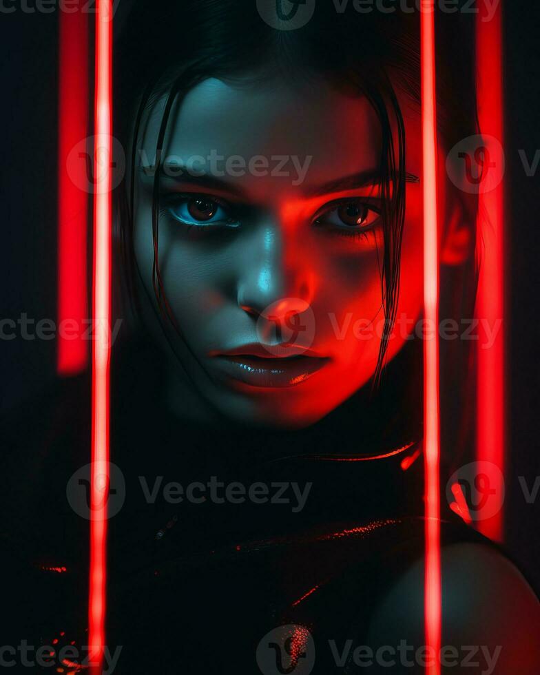 a woman with red neon lights on her face generative ai photo