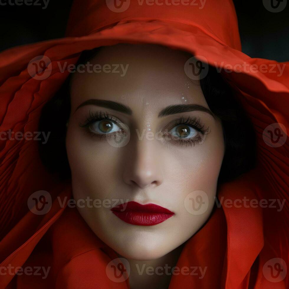a woman with red makeup and a red hat generative ai photo