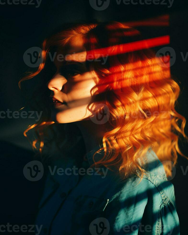 a woman with red hair in front of a window generative ai photo