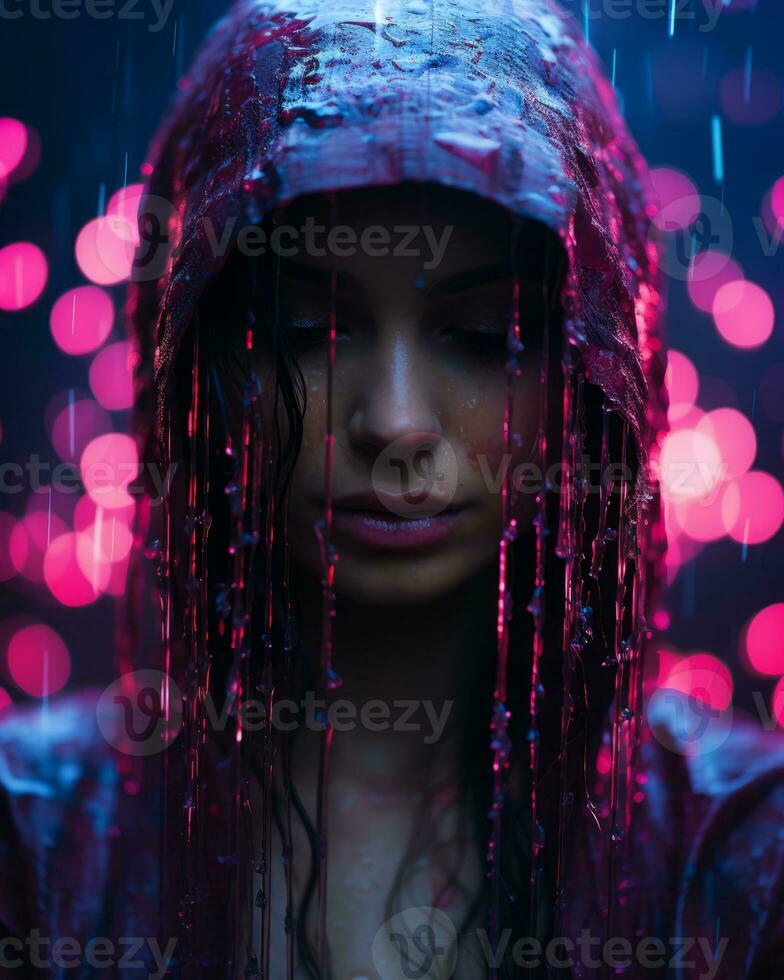 a woman with wet hair in the rain generative ai photo