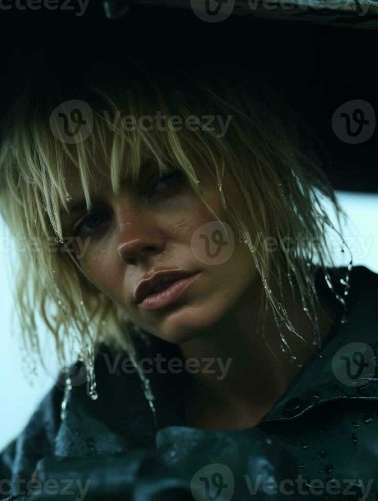 a woman with wet hair sitting in a car generative ai photo