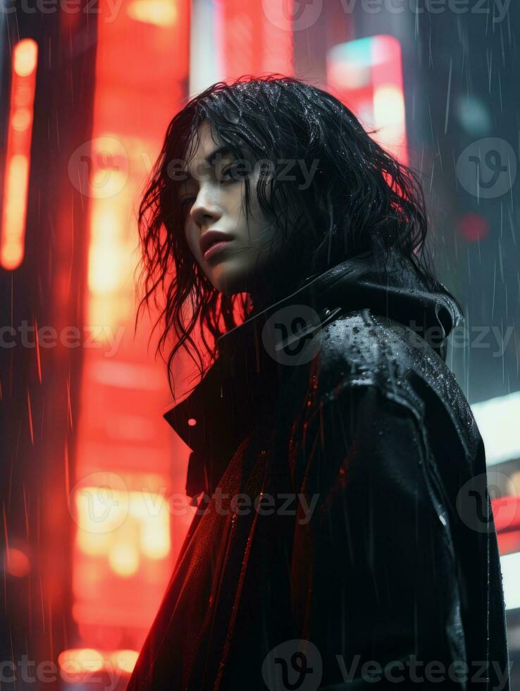 a woman with wet hair standing in the rain generative ai photo