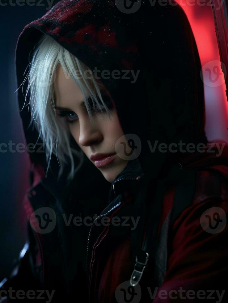 a woman with white hair and a red hoodie generative ai photo