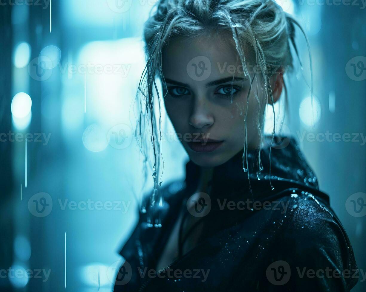 a woman with wet hair standing in the rain generative ai photo