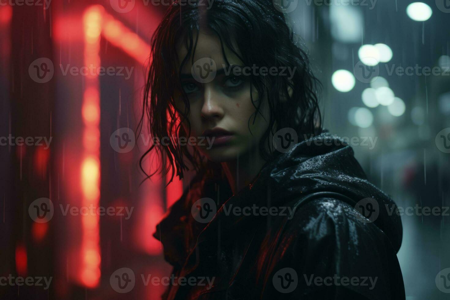 a woman with wet hair standing in the rain generative ai photo