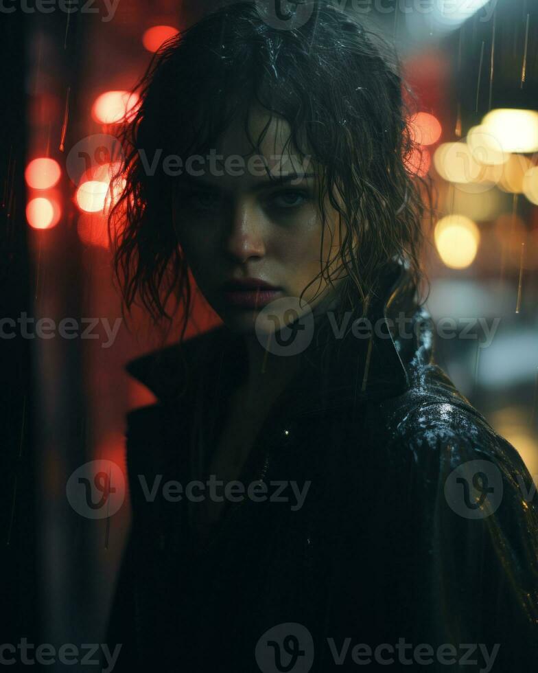 a woman with wet hair standing in the rain generative ai photo