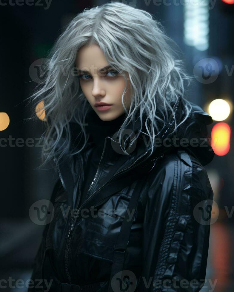 a woman with white hair and black jacket standing in the rain generative ai photo