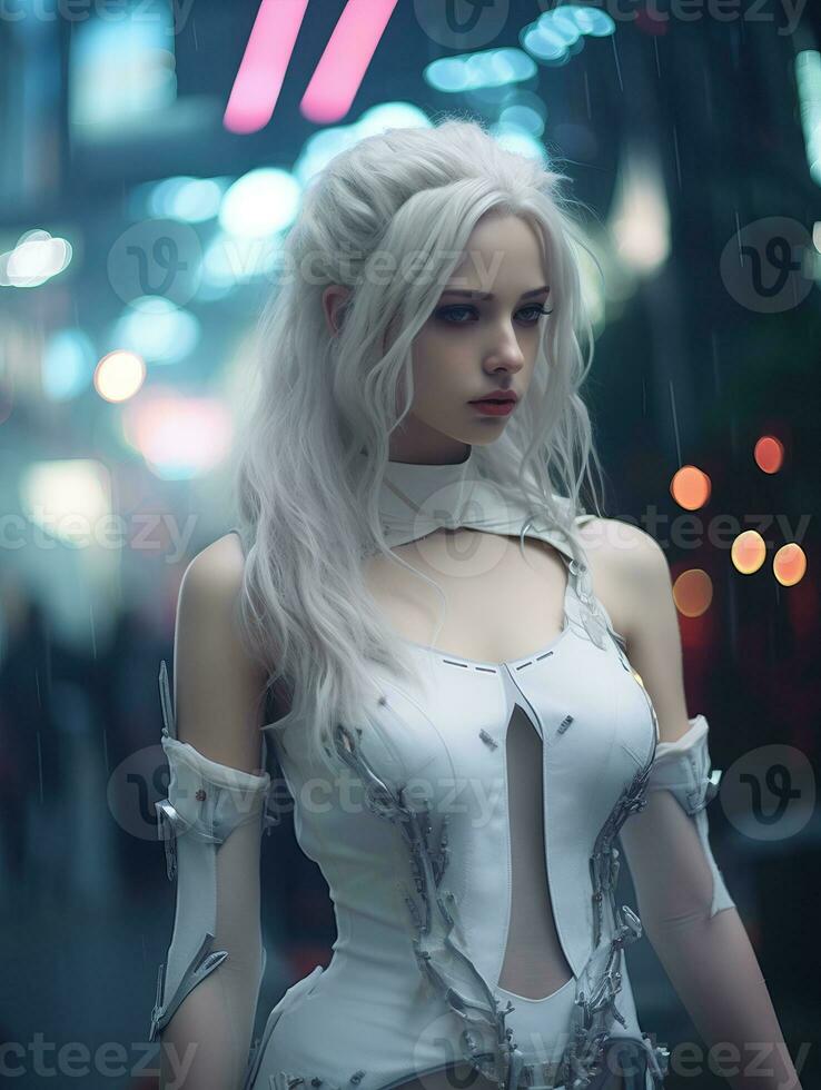 a woman with white hair standing in the rain generative ai photo