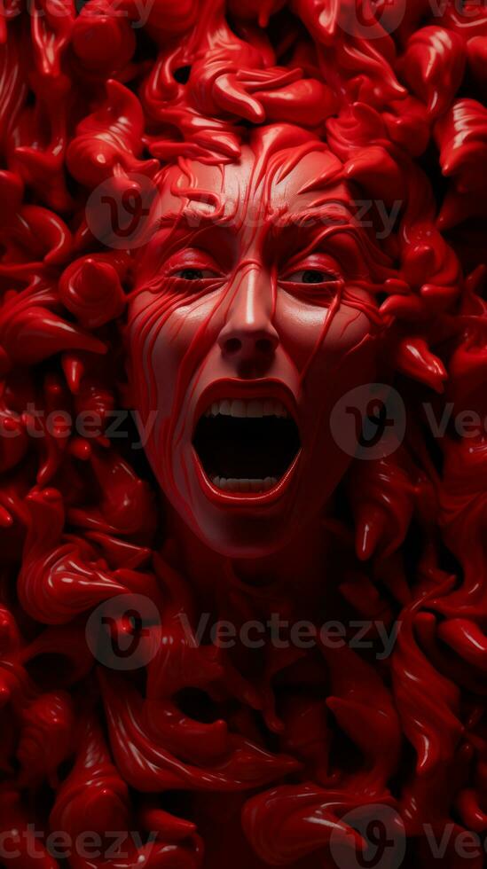 a womans face is covered in red liquid generative ai photo