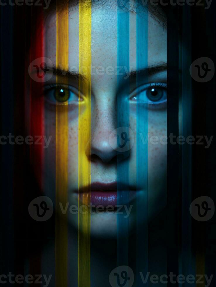 a womans face is shown through a series of colored bars generative ai photo