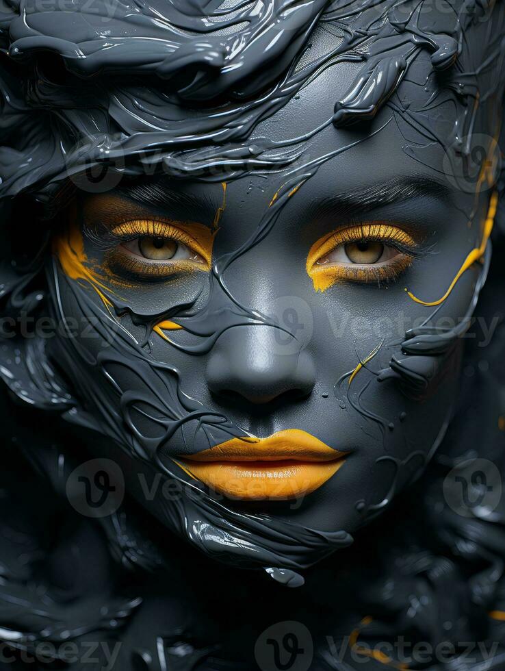 a womans face painted with black and yellow paint generative ai photo