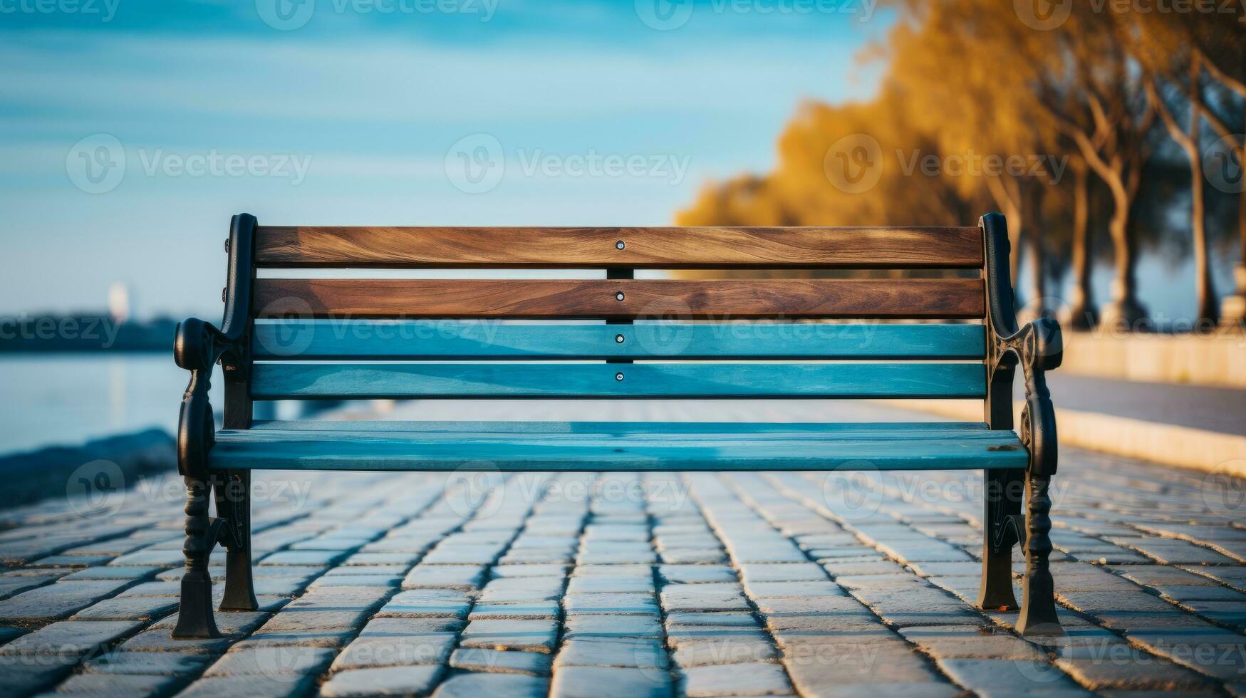 a wooden bench sitting on the side of the road generative ai photo