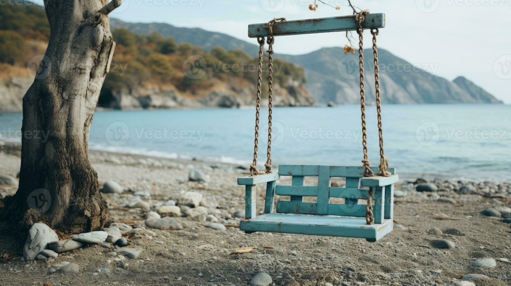 a wooden swing sitting on the beach next to a tree generative ai photo