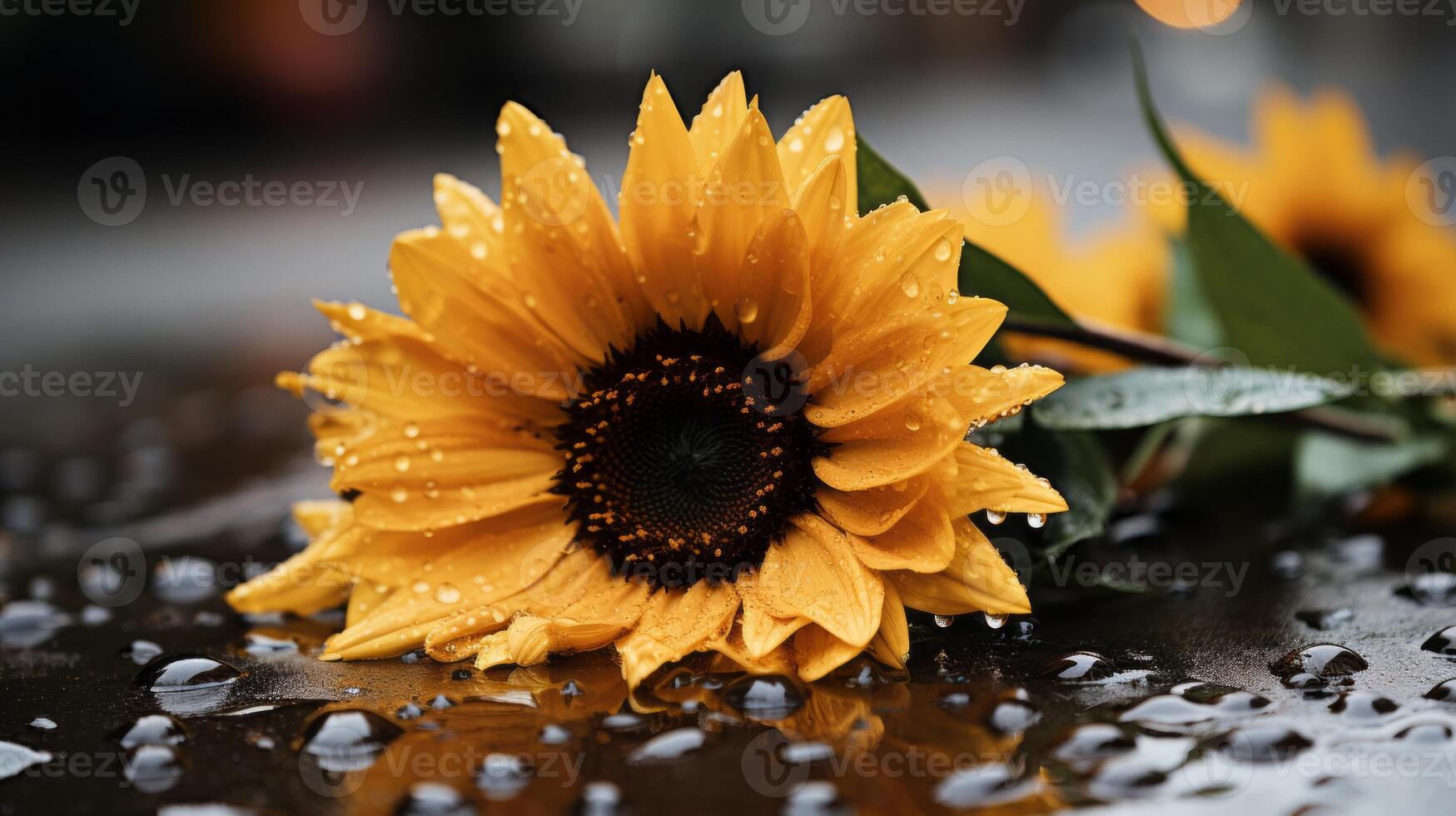 a yellow sunflower laying on the ground with rain drops on it