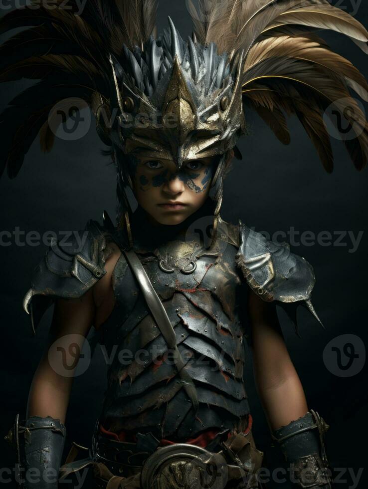 a young boy dressed in armor with feathers on his head generative ai photo