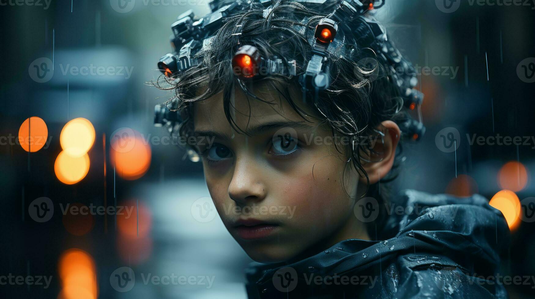 a young boy in the rain with red lights on his head generative ai photo