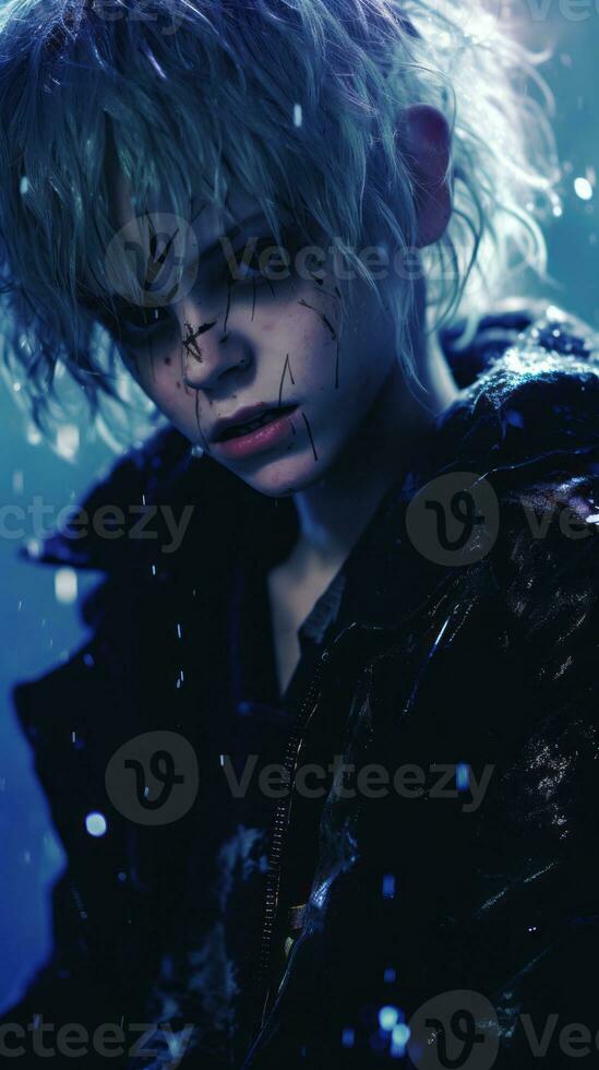 a young boy with blue hair in the snow generative ai photo