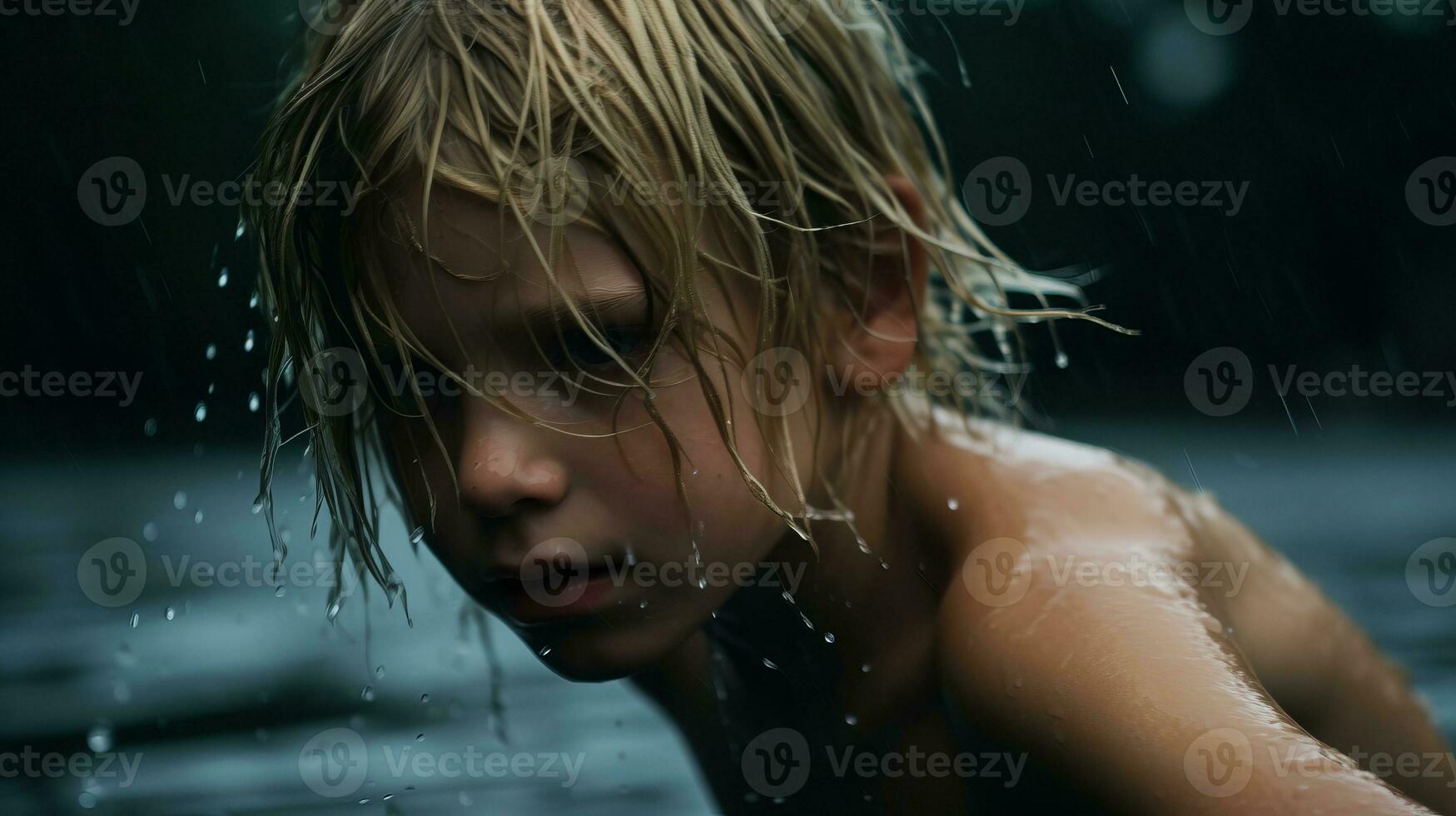 a young boy with wet hair in the water generative ai photo
