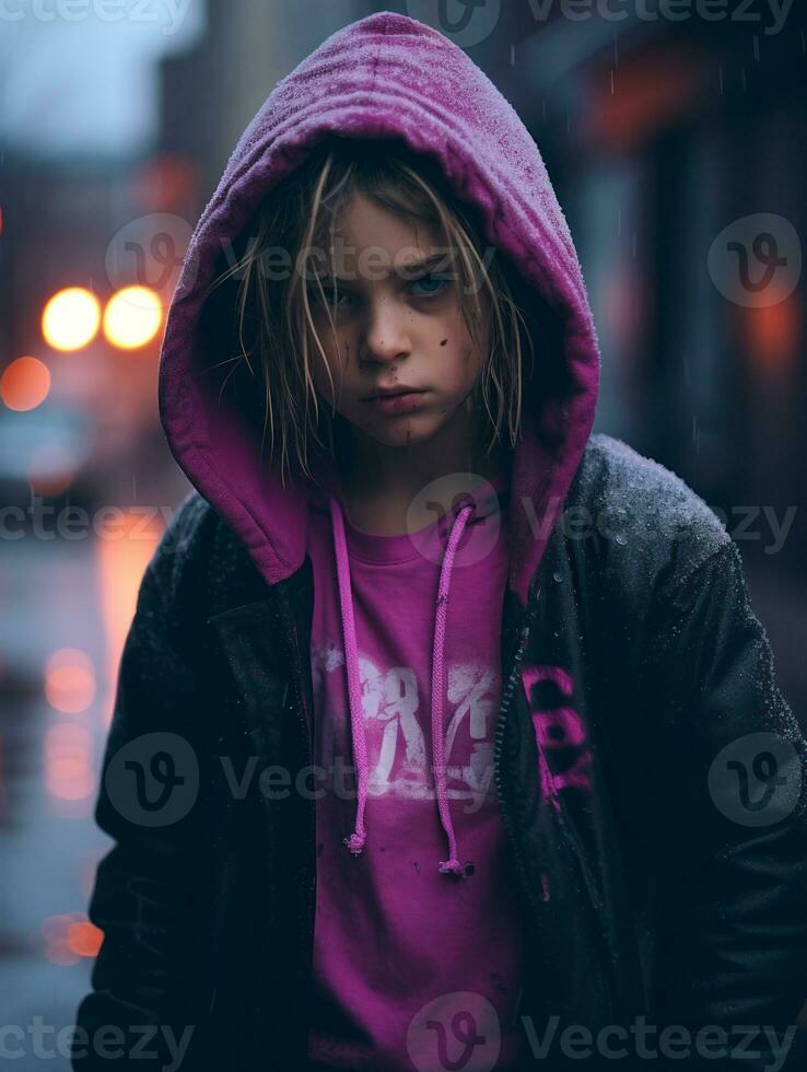 a young girl in a hoodie standing in the rain generative ai photo