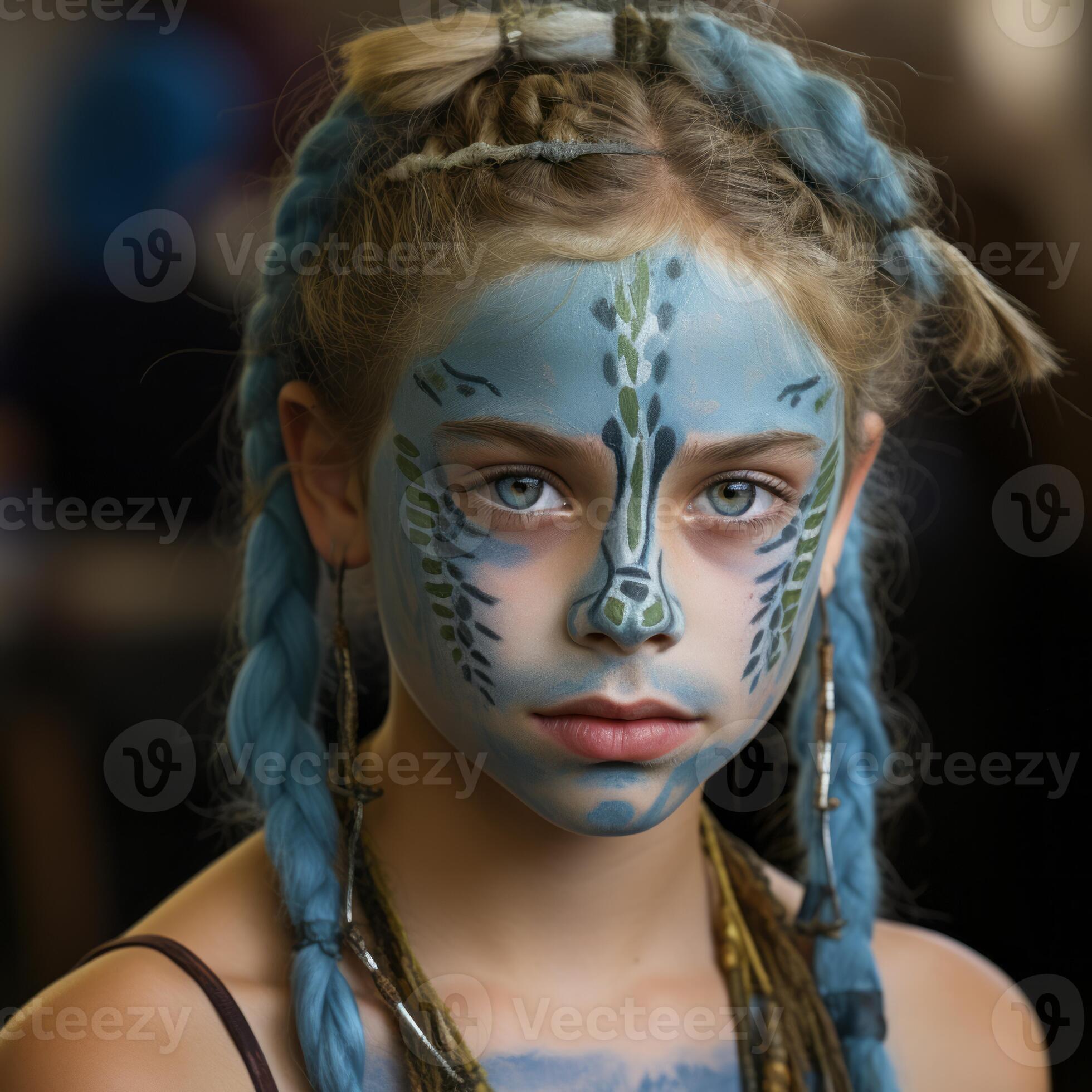 a young girl with blue face paint and braids generative ai 32124656