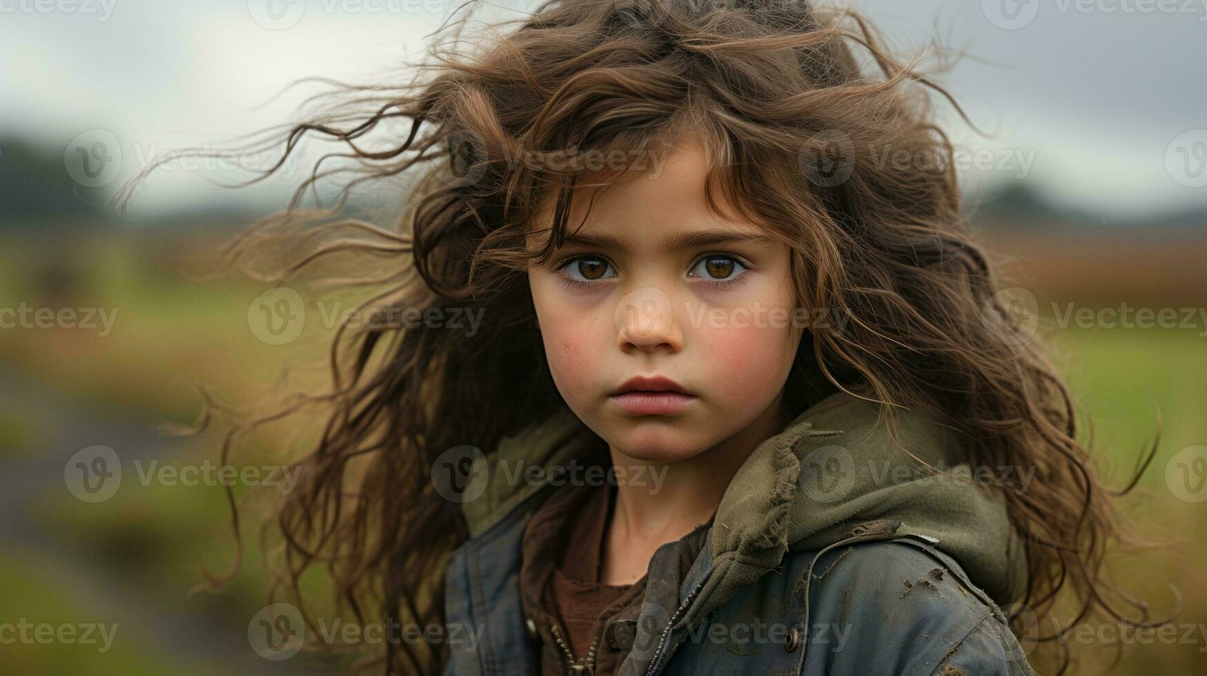 a young girl with long hair standing in the middle of a field generative ai photo