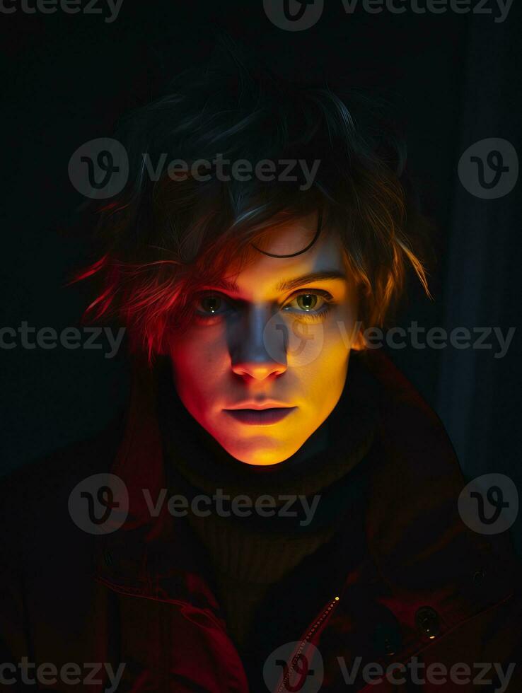 a young man with red and blue lights on his face generative ai photo
