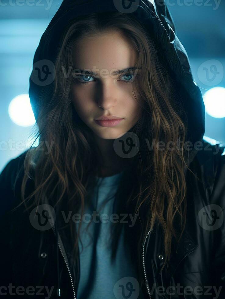 a young woman in a black jacket with blue eyes generative ai photo