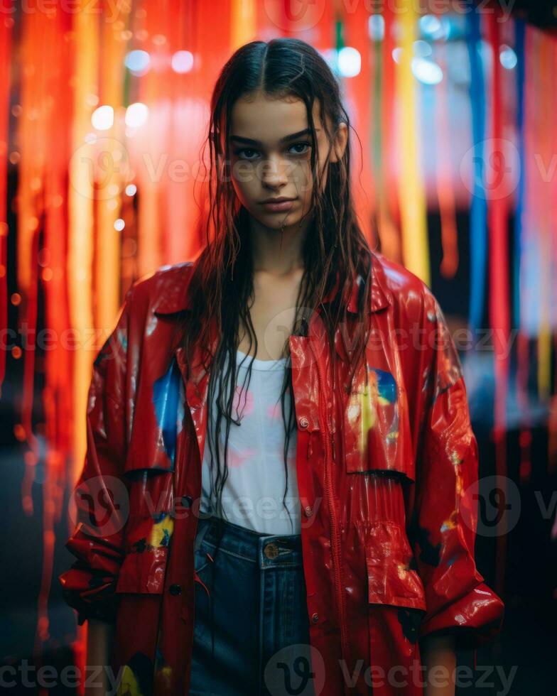 a young woman in a red jacket standing in front of a wall of colorful streamers generative ai photo