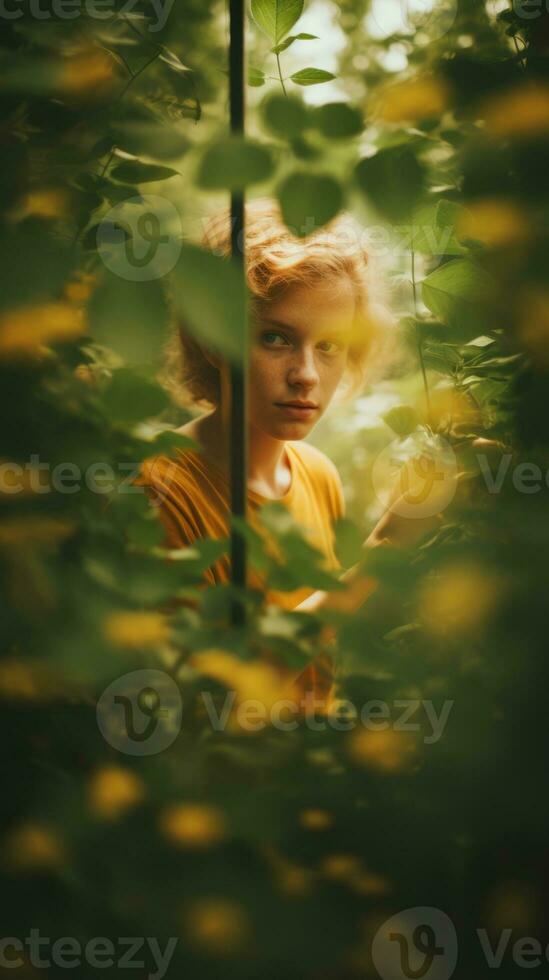 a young woman is hiding behind a tree in the woods generative ai photo