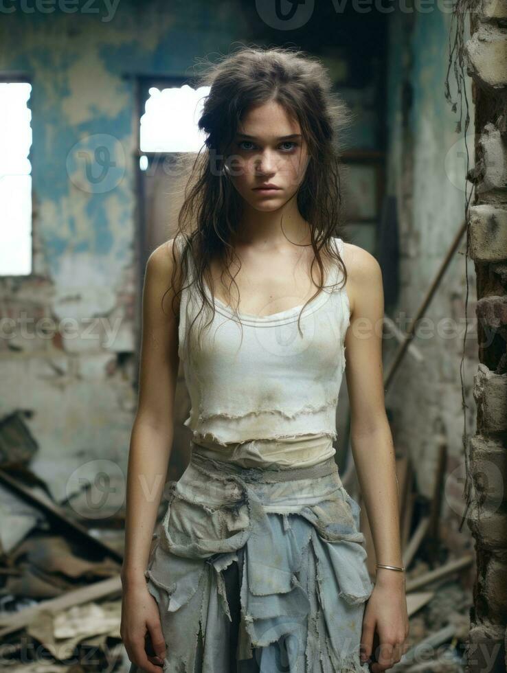 a young woman standing in an abandoned building generative ai photo