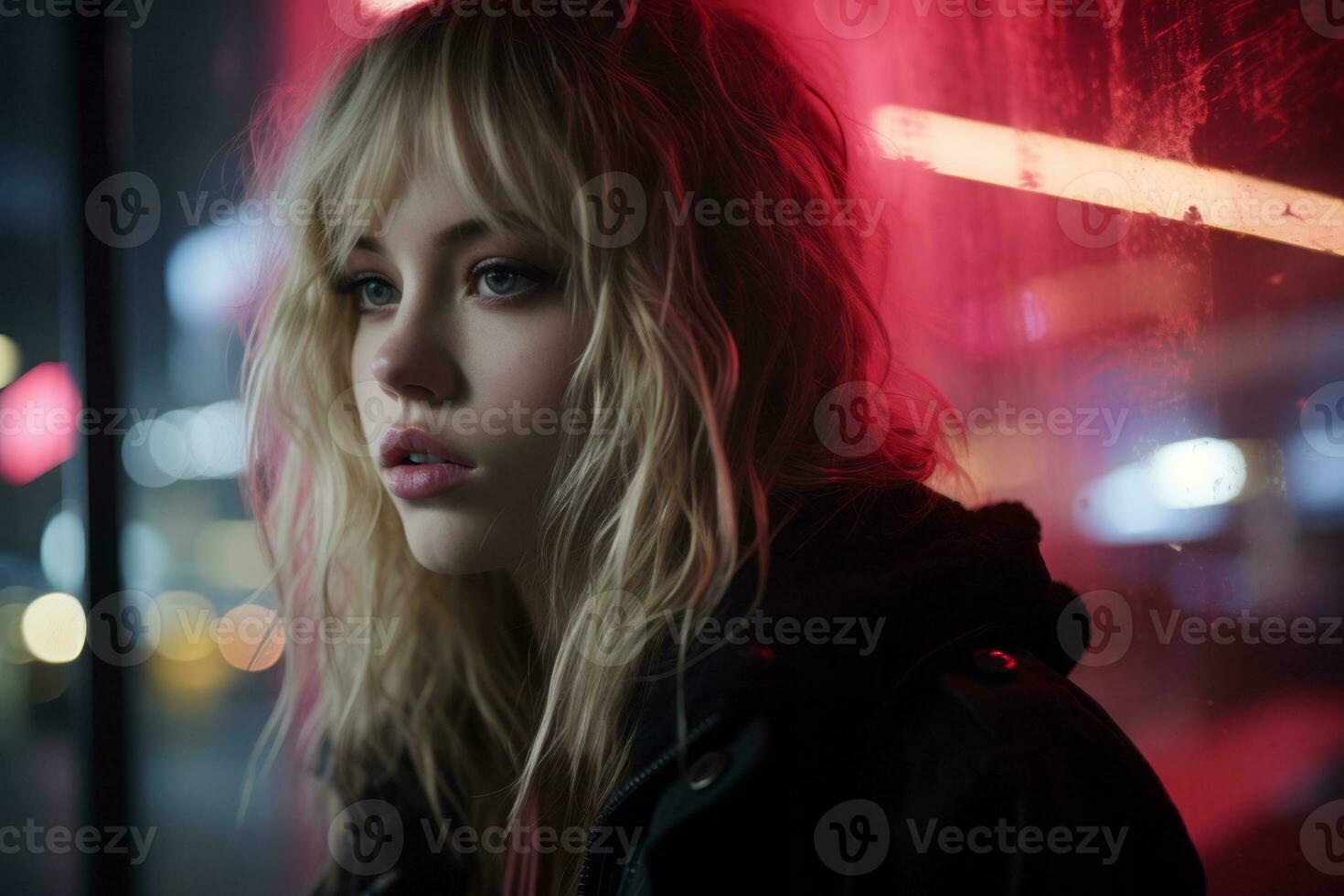 a young woman with blonde hair standing in front of a red light generative ai photo