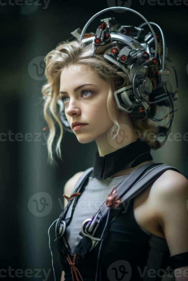 a young woman wearing a helmet with wires attached to it generative ai photo