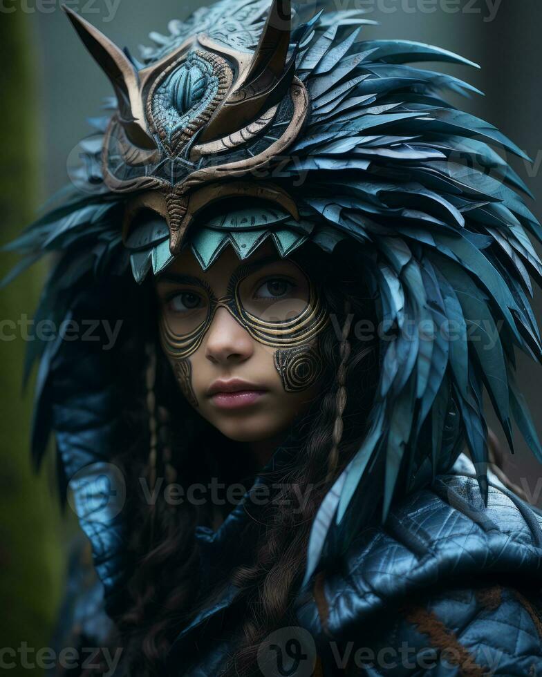 a young woman with blue feathers on her head generative ai photo