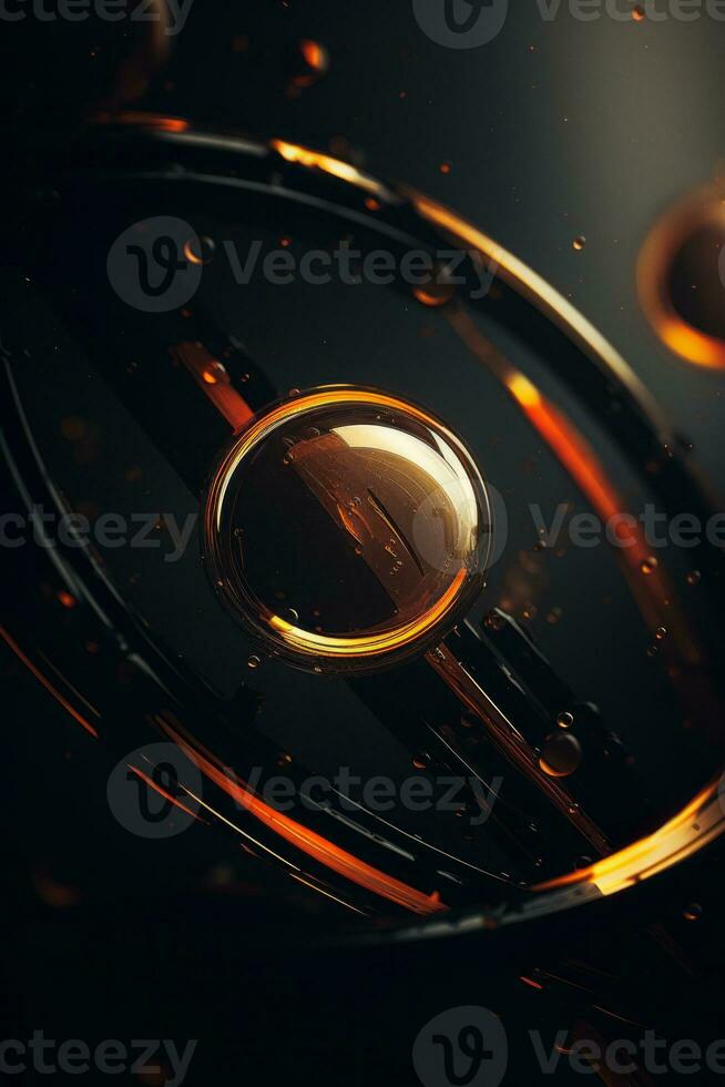 un resumen imagen de un negro y oro anillo con agua gotas en eso generativo ai foto