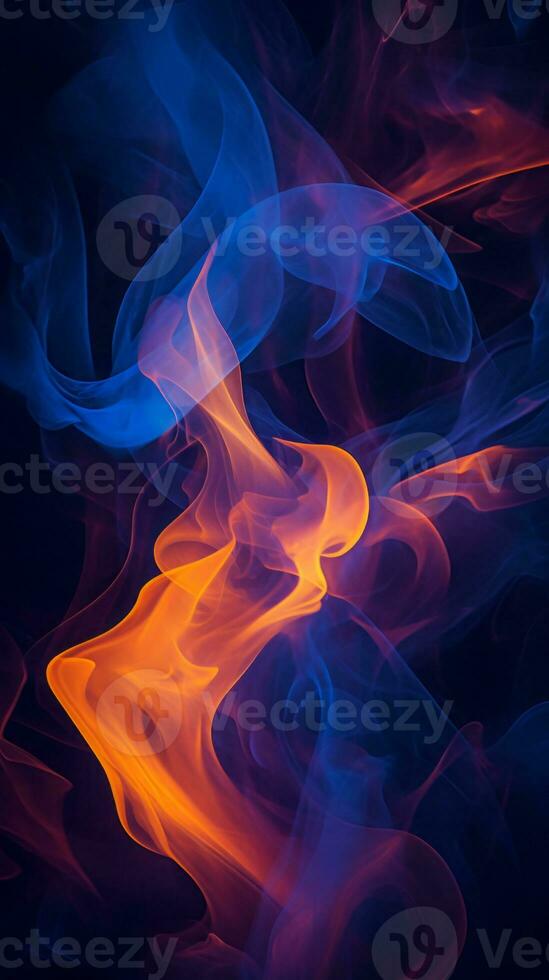 an abstract image of orange and blue smoke on a black background generative ai photo