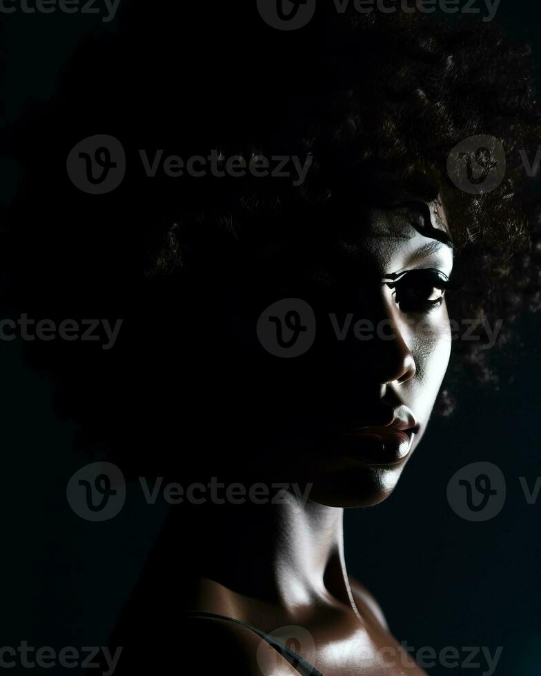 an african american woman with an afro in the dark generative ai photo