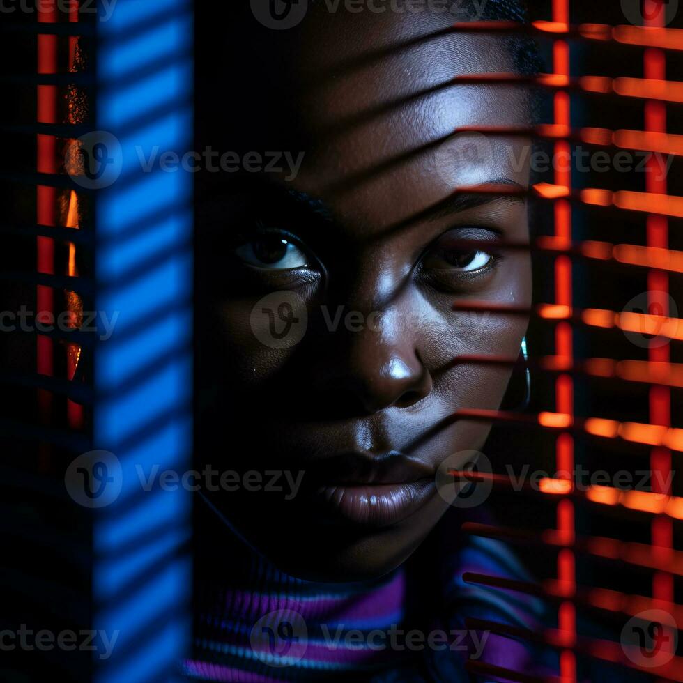 an african american woman is looking at the camera through the bars of blinds generative ai photo