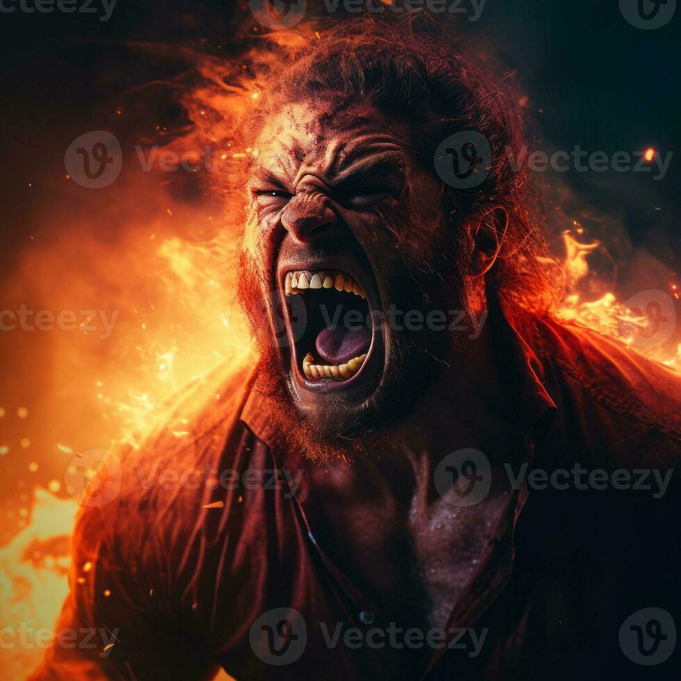 an angry man with his mouth open in front of fire generative ai photo